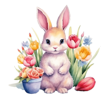 Watrcolor Cute Bunny With Colorful Vase Of Tulips And Easter Eggs, Clipart,  Drawing, Card PNG Transparent Image and Clipart for Free Download